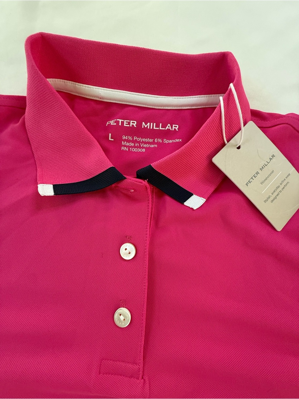 Peter Millar Women's Bright Pink Short-Sleeve Polo with Navy Trim - Picture 2 of 6